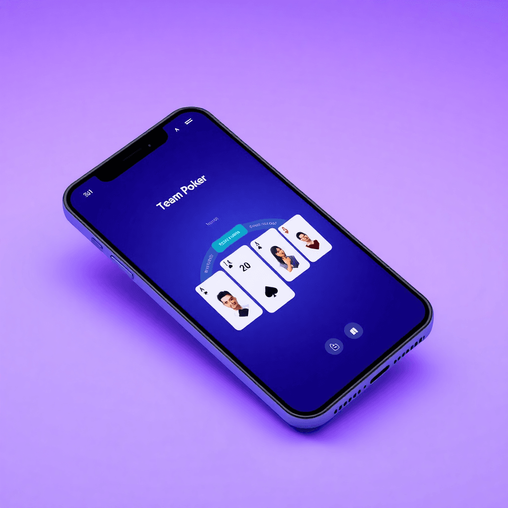 Team Poker mobile app interface with voting cards and fibonacci sequence